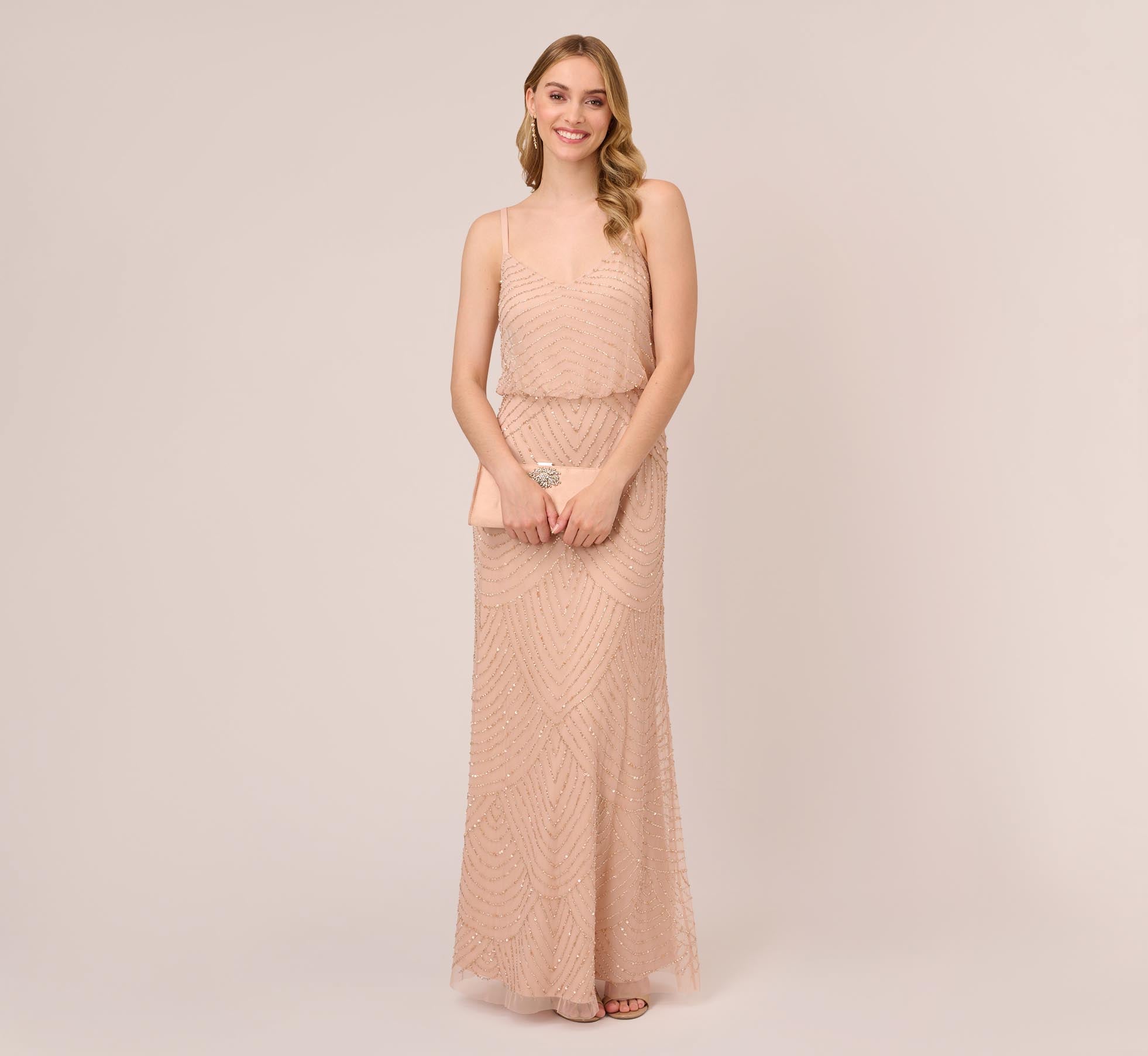 Art Deco Beaded Mermaid Gown With Cowl Neckline In Champagne Gold |  Adrianna Papell